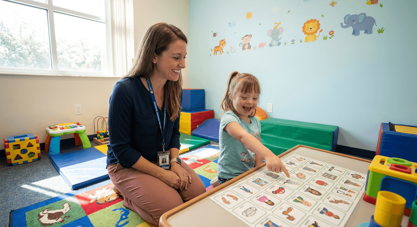 Speech therapist helping child with Down Syndrome use a communication board