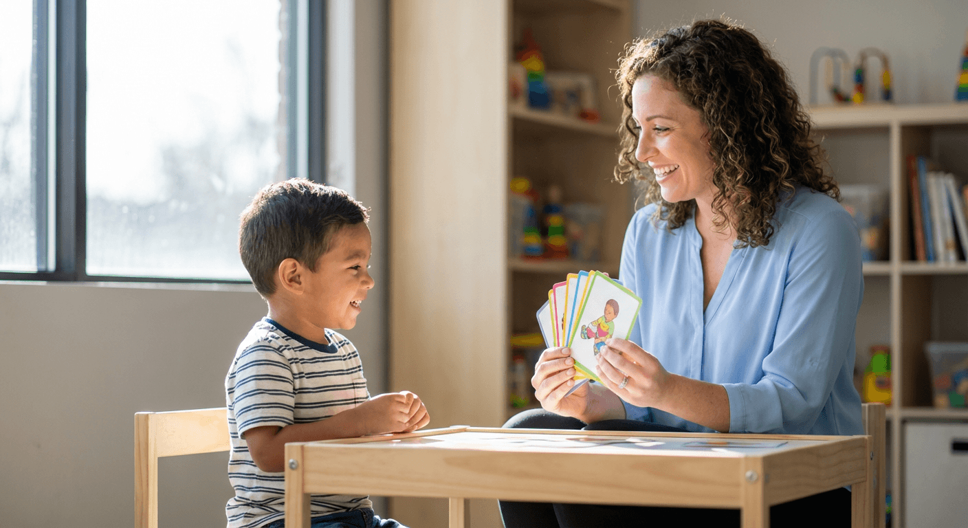 Speech therapist working with young child using picture cards in Miami clinic