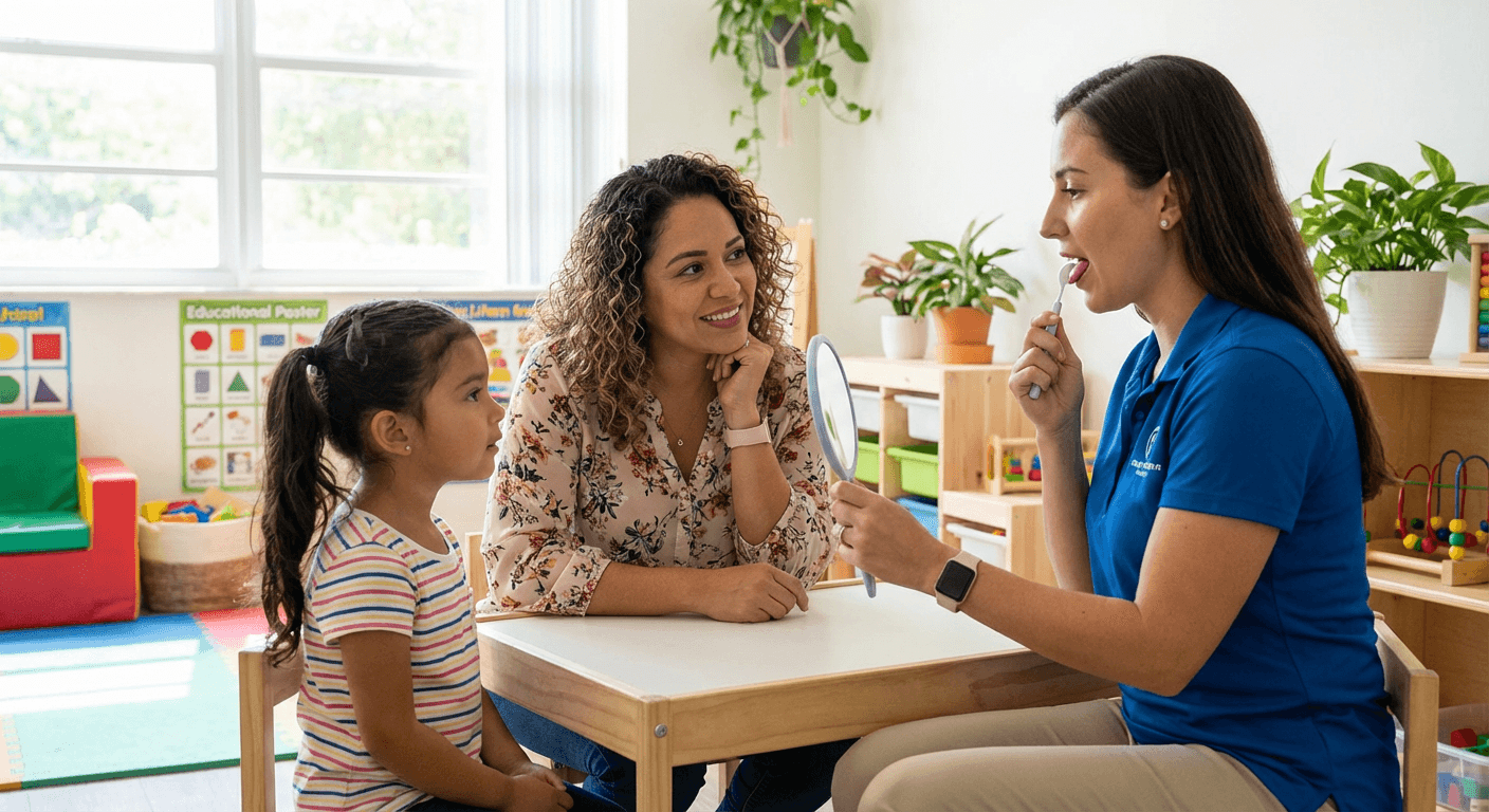 Mother observing her daughter's speech therapy session in Miami clinic