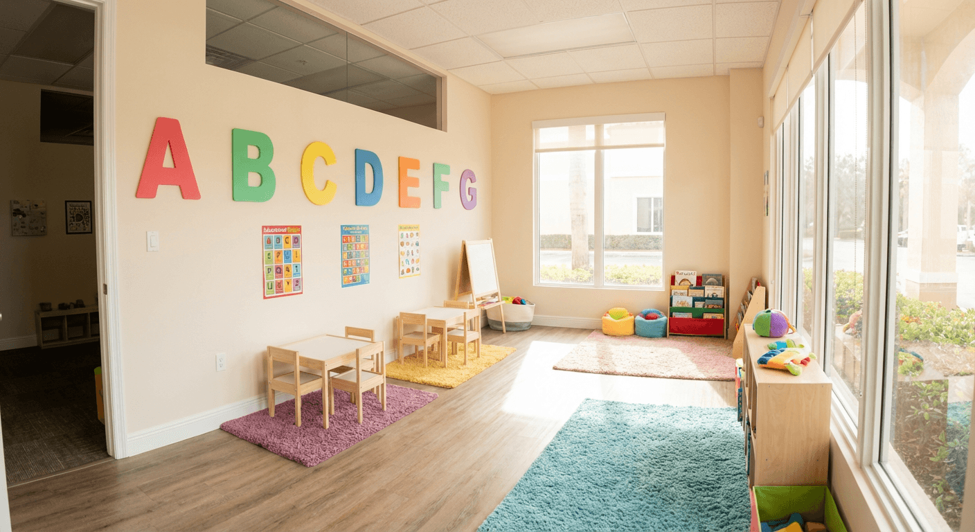 Modern welcoming pediatric speech therapy clinic interior with colorful alphabet letters and child-sized furniture