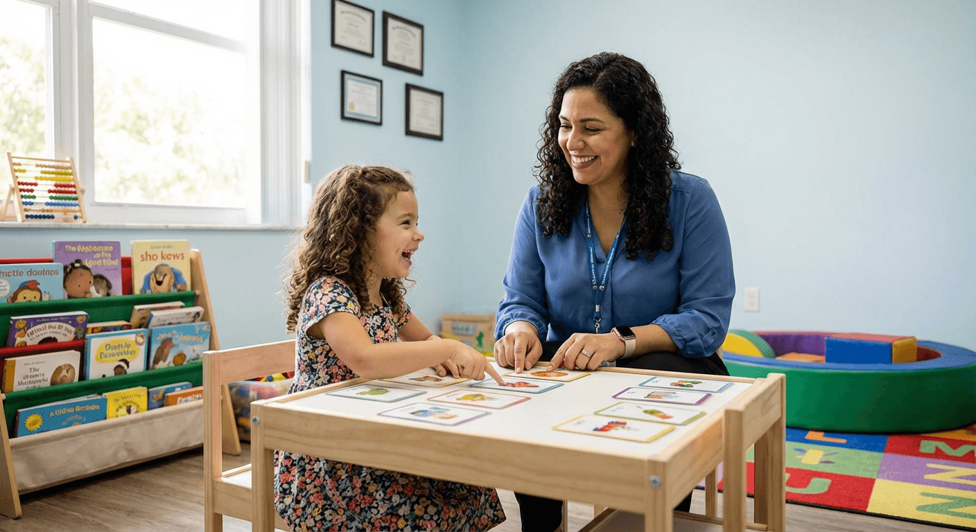 Speech-language pathologist working with young girl using colorful flashcards in Miami clinic